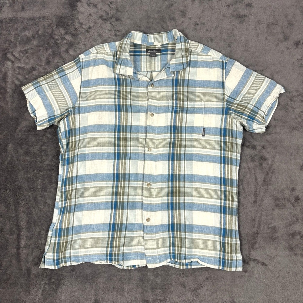 Eddie Bauer Shirt Mens Large Plaid Button Up Short Sleeve Linen Cotton Blend‎